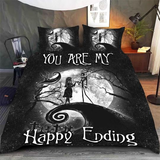 Nightmare Before Christmas Bedding Set with Jack and Sally Gothic Design Halloween Bedroom Decor