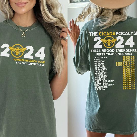 Cicadapocalypse Summer Reunion Tour 2024 Shirt, Double Cicada Brood XIII & XIX Emergence Double Sided T-Shirt