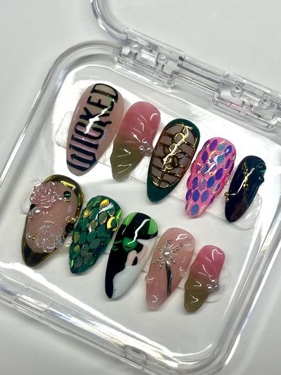 Wicked Inspired Press-On Nails: Glinda & Elphaba, Sparkle Charms - Wicked Merch - Mother's Day Gift