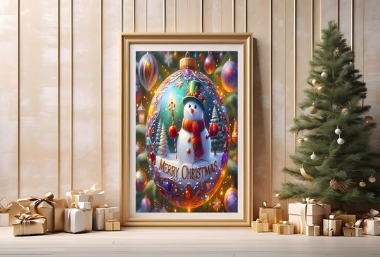 Snowman Holiday Poster, Christmas Decor, Xmas Tree Bulb Art Print