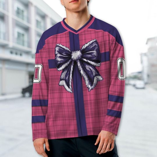 Custom Christmas Holiday Special Gift Box Pink Hockey Jersey, Chrismas Bow Jersey Shirt, Pink & Navy Outfit Sport long Slevees Gift