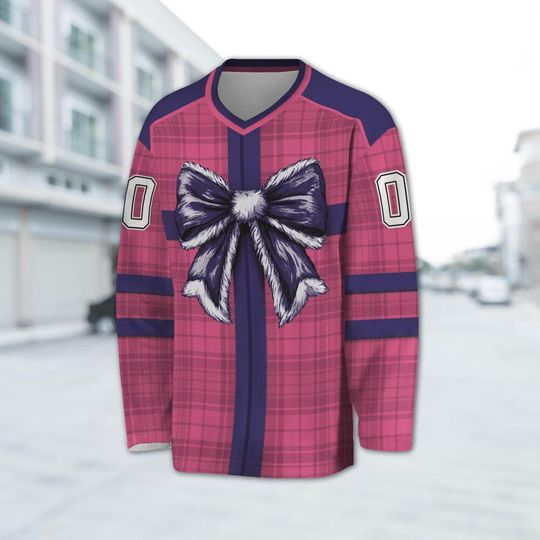 Custom Christmas Holiday Special Gift Box Pink Hockey Jersey, Chrismas Bow Jersey Shirt, Pink & Navy Outfit Sport long Slevees Gift