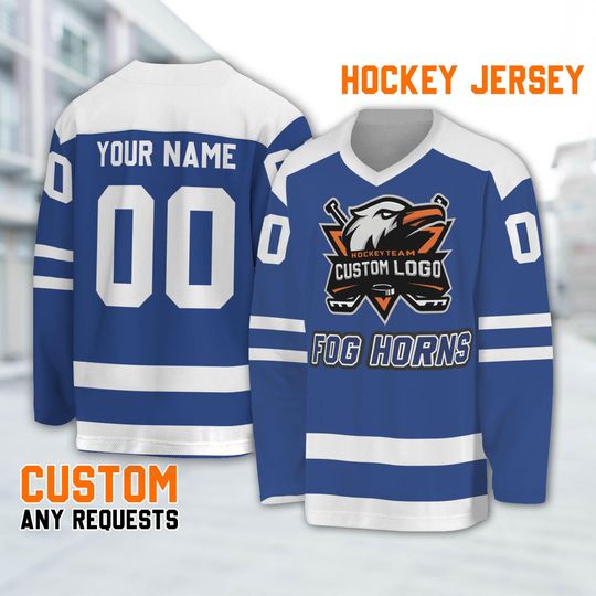 Customized name and logo vintage fog horns blue basic hockey jersey, fog horns hockey custom name Logo, Cartoon jersey gift