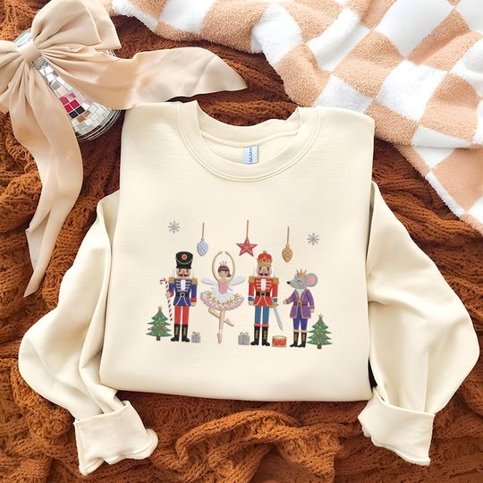 Nutcracker Ballet Embroidered Christmas Sweatshirt, Festive Holiday Long Sleeve for Ballet Lovers
