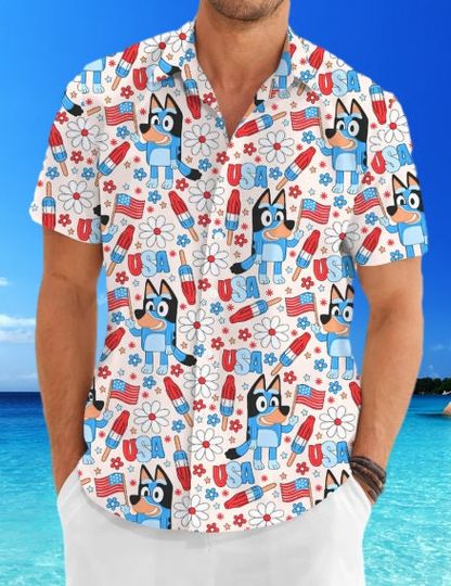BlueyDad USA Hawaiian Shirt, BlueyDad Shirt, BlueyDad Bingo, Gift For Dad, Father's Day, Men Short Sleeve Regular Fit, Summer Button Up Shirt