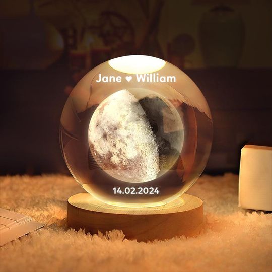 2D Moon Phase Crystal Ball with Wooden Stand - Lunar Night Light