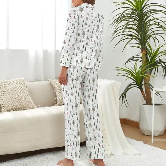 Women's Ski Pajamas - Cozy Winter Sleepwear with Skiing Pattern, Button-Up V-Neck, Pockets, Soft Polyester Lounge Set