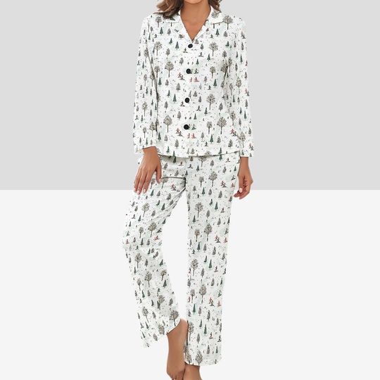 Women's Ski Pajamas - Cozy Winter Sleepwear with Skiing Pattern, Button-Up V-Neck, Pockets, Soft Polyester Lounge Set