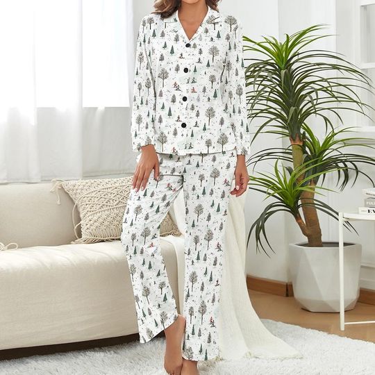 Women's Ski Pajamas - Cozy Winter Sleepwear with Skiing Pattern, Button-Up V-Neck, Pockets, Soft Polyester Lounge Set