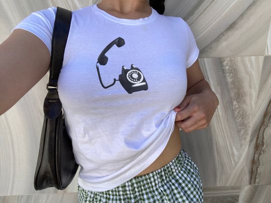 Vintage Telephone Tee, Trendy Y2K Baby Tee, 90s Baby Tee, Vintage Tee, Aesthetic Retro Tee, 90s Grunge Tee