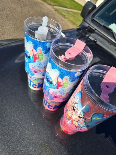 Stitch Cartoon 40oz Tumbler - Shimmer Glitter cup mug- Stitch or Angle gift for her