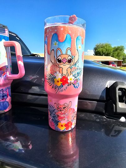 Stitch Cartoon 40oz Tumbler - Shimmer Glitter cup mug- Stitch or Angle gift for her
