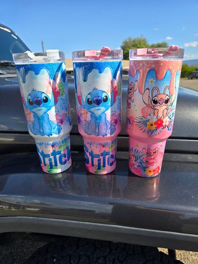 Stitch Cartoon 40oz Tumbler - Shimmer Glitter cup mug- Stitch or Angle gift for her