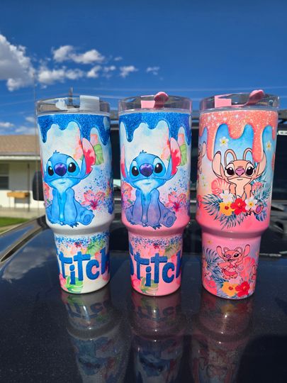Stitch Cartoon 40oz Tumbler - Shimmer Glitter cup mug- Stitch or Angle gift for her