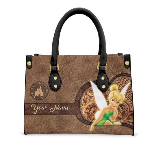 Personalized Name Tinker Bell Disney Cartoon Leather Handbag, Tinker Bell Lover's Handbag, Custom Leather Bag
