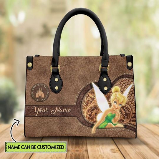 Personalized Name Tinker Bell Disney Cartoon Leather Handbag, Tinker Bell Lover's Handbag, Custom Leather Bag
