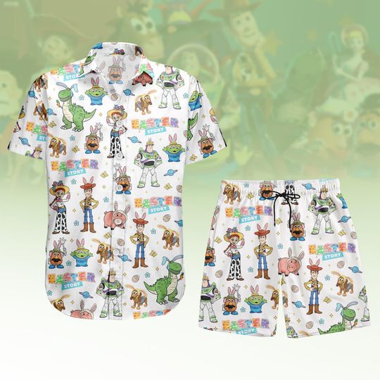 Toy Story Easter Button Shirt, Shorts, Happy Easter 2026 Hawaiian Shirt, Woody Buzz Jessie Rex Shirt, Cute Bunny Easter Egg Hunt Shirt