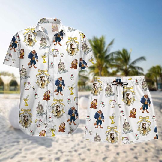 Beauty and the Beast Button Shirt, Tale As Old As Time, Princess Disney Hawaiian Shirt, Princess Reading Book, Disney Parks Shorts