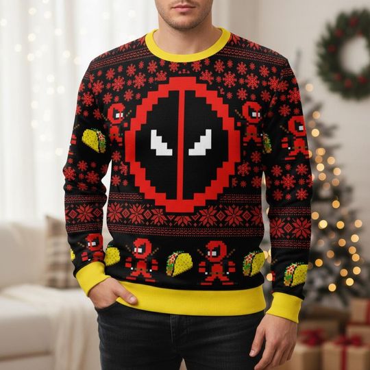 Deadpool Ugly Christmas Sweater, Funny Taco Xmas Sweater, Marvel Hero Ugly Sweater, Christmas Gift