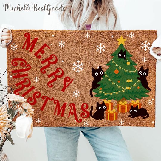 Meowy Christmas Doormat - Christmas Cat Welcome Mat, Holiday Home Decor, Cat Lover Gift