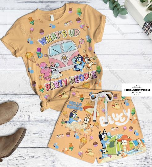 Blueydad Cute Cartoon Movie Short Pajama Shirt, Blue Dog Short Sleeve Shirt and Shorts for Party People, Shirts For Women