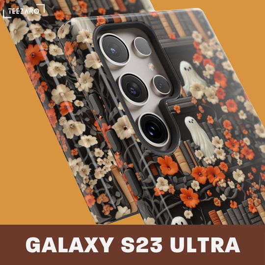 Bookish Ghost Phone Case: Halloween Floral Design, Glossy or Matte