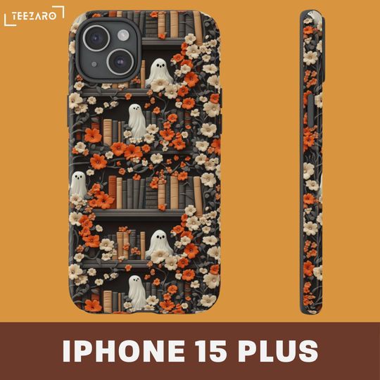 Bookish Ghost Phone Case: Halloween Floral Design, Glossy or Matte