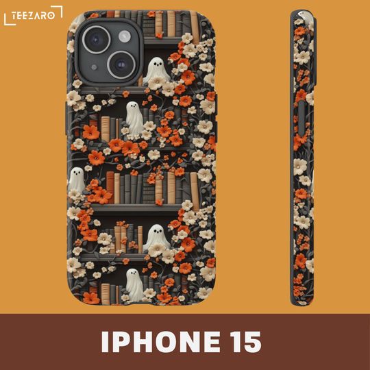 Bookish Ghost Phone Case: Halloween Floral Design, Glossy or Matte