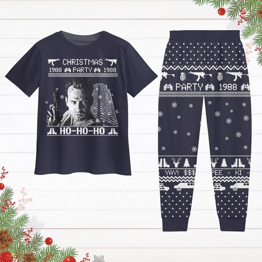 Hans Gruber Pajamas Set, Nakatomi Plaza Pajamas Christmas, Christmas Party 1988 Tshirt And Pajamas Pants, Xmas Holiday Party Pjs
