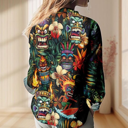 Tiki Mask Shirt, Hawaiian Tribal Party Blouse, Tropical Island Women’s Top