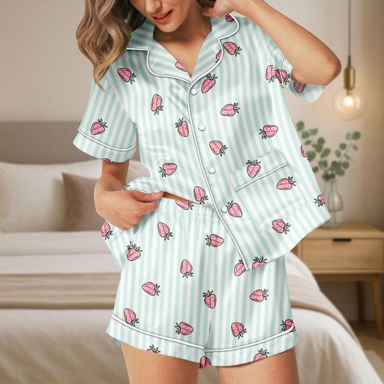 Strawberry Pajamas Set Women, Pink Short Sleeve Button Up Sleepwear, Cute Summer Pajamas, Gift For Her