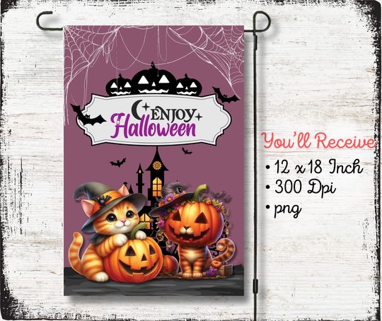 12x18 Garden Flag Design, Enjoy Halloween, Orange Cats