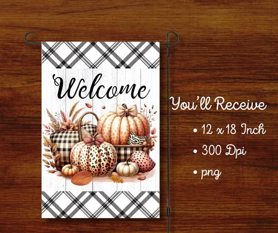 12x18 Garden Flag Design, Welcome Halloween, Retro Leopard Pumpkins