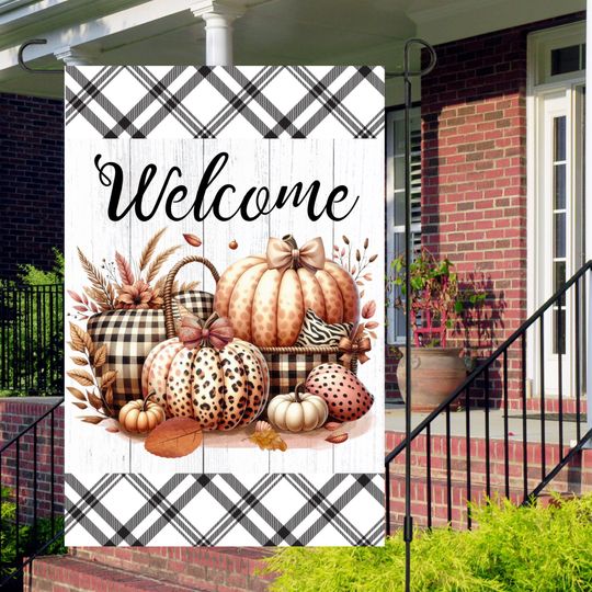 12x18 Garden Flag Design, Welcome Halloween, Retro Leopard Pumpkins