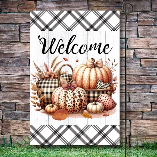 12x18 Garden Flag Design, Welcome Halloween, Retro Leopard Pumpkins