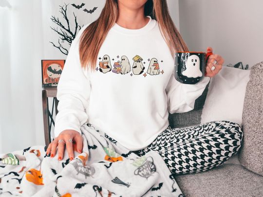 Ghosts Reading Books Embroidered Sweatshirt, Ghost Teacher Shirt