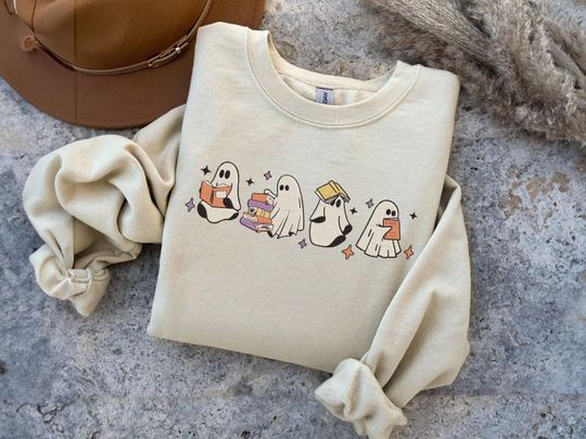 Ghosts Reading Books Embroidered Sweatshirt, Ghost Teacher Shirt