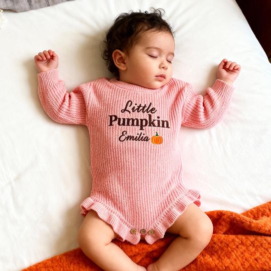 Baby Sweater Romper with Custom Name, Embroidered Little Pumpkin Clothes, Newborn Halloween Present