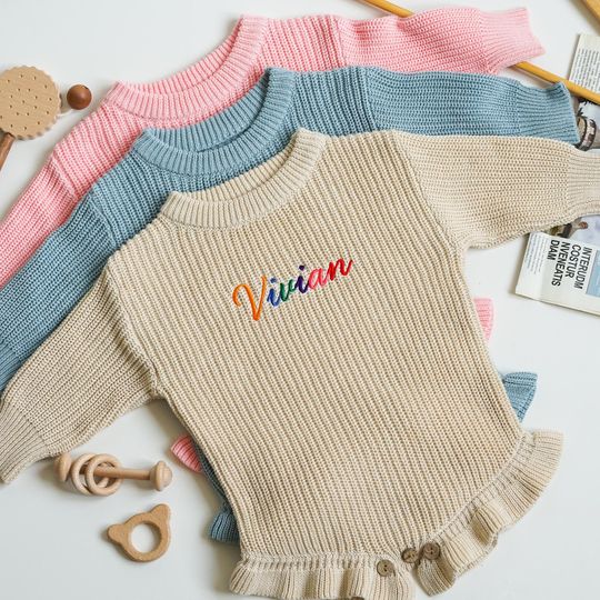 Ruffle Crawl Romper with Personalized Rainbow Name, Embroidered Baby Girl Sweater, Newborn Romper