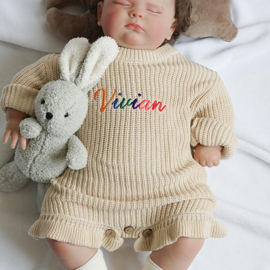 Ruffle Crawl Romper with Personalized Rainbow Name, Embroidered Baby Girl Sweater, Newborn Romper