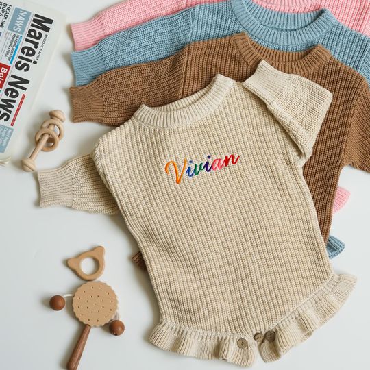 Ruffle Crawl Romper with Personalized Rainbow Name, Embroidered Baby Girl Sweater, Newborn Romper