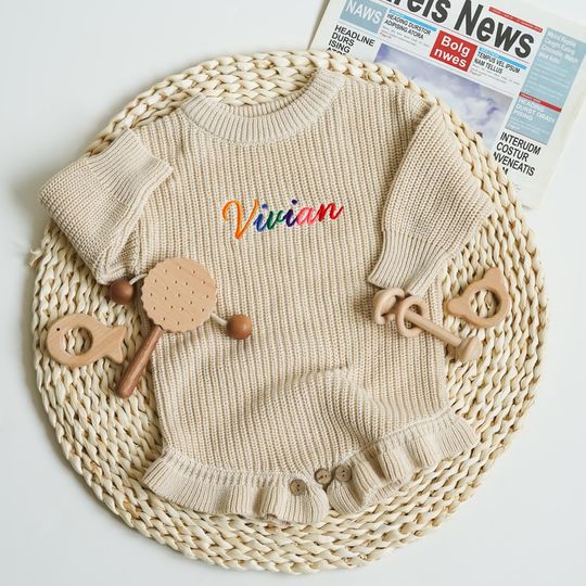 Ruffle Crawl Romper with Personalized Rainbow Name, Embroidered Baby Girl Sweater, Newborn Romper