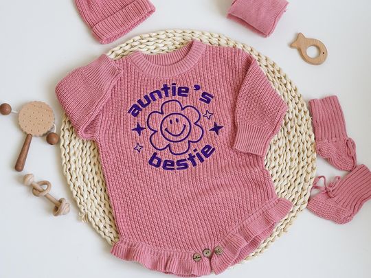 Baby Sweater Romper with Embroidery Auntie's Bestie, Sunflower Cotton Baby Clothes, Gift from Aunt