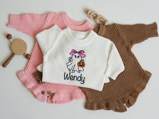 Embroidered Ghost Pumpkin Baby Sweater Romper, Custom Name Halloween Outfit, Newborn Gift