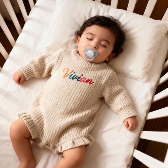 Ruffle Crawl Romper with Personalized Rainbow Name, Embroidered Baby Girl Sweater, Newborn Romper