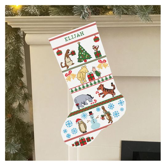 Classic Winnie-the-Pooh Stocking Cross Stitch Pattern: Christmas with Friends