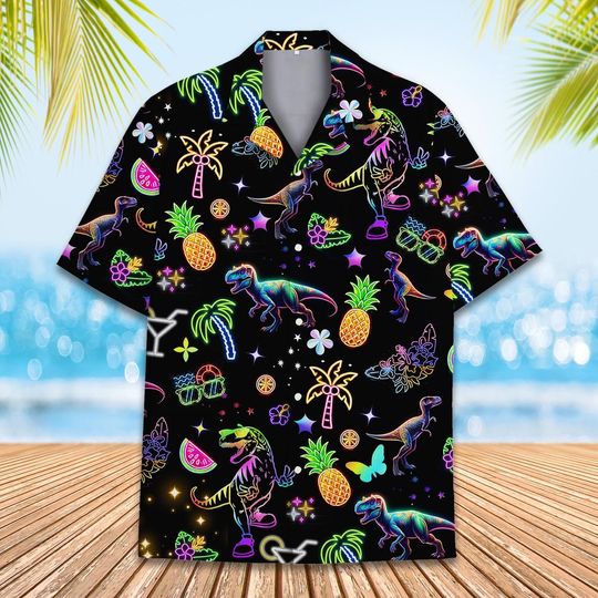 Neon Dinosaur Hawaiian Shirt, Tropical T-Rex Palm Trees & Fruit Hawaiian Shirt