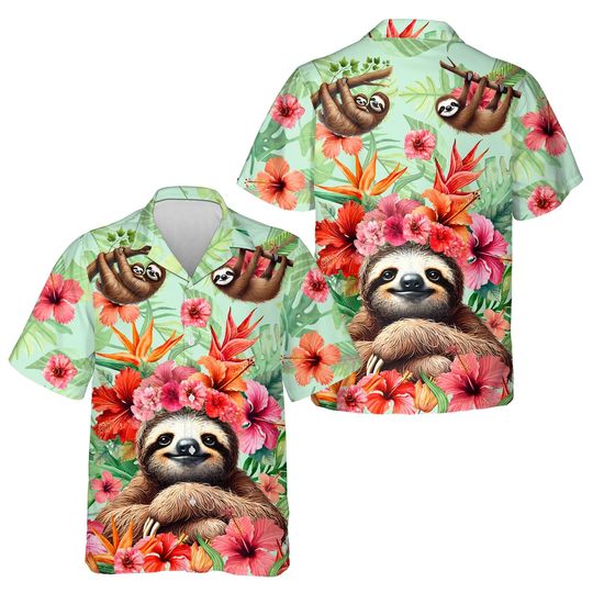Tropical Sloth Hawaiian Shirt, Sloth And Hibiscus Summer Beach Aloha Hawaiian Shirt