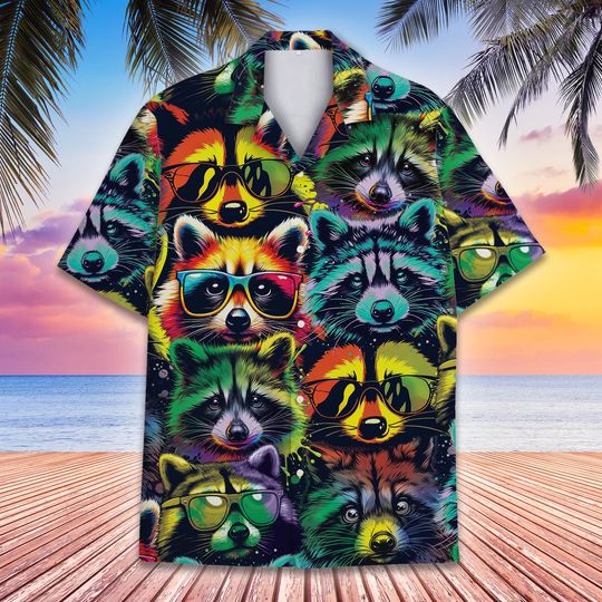 Colorful Raccoon Hawaiian Shirt,  Animal Print Beachwear Hawaiian Shirt