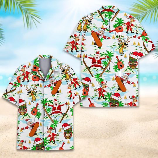 Christmas Santa Skating with Reindeer Hawaiian Shirt, Christmas Hawaiian Shirt